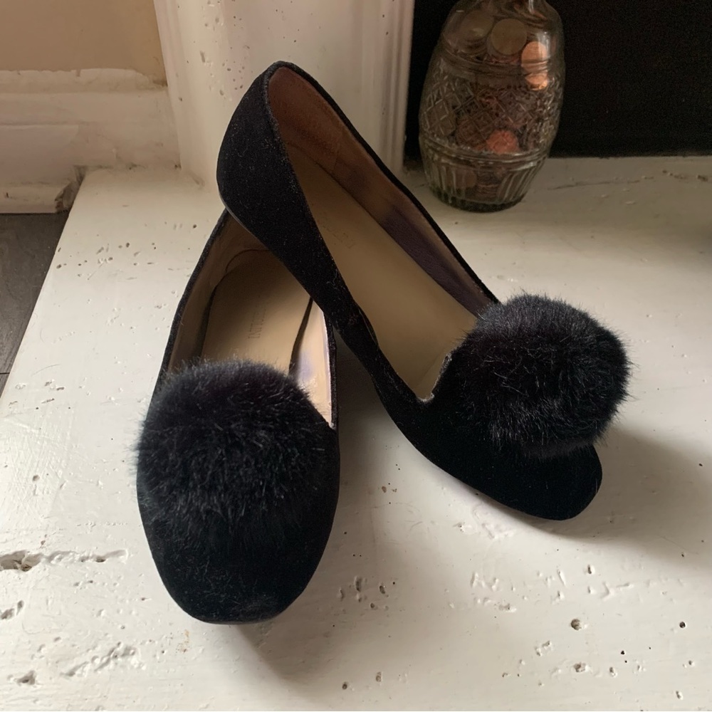Velvet puff ball flats